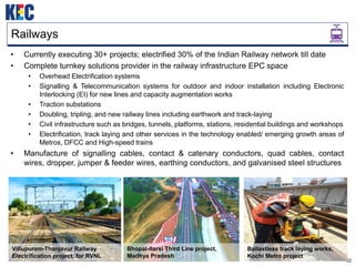 22
Railways
• Currently executing 30+ projects; electrified 30% of the Indian Railway network till date
• Complete turnkey solutions provider in the railway infrastructure EPC space
• Overhead Electrification systems
• Signalling & Telecommunication systems for outdoor and indoor installation including Electronic
Interlocking (EI) for new lines and capacity augmentation works
• Traction substations
• Doubling, tripling, and new railway lines including earthwork and track-laying
• Civil infrastructure such as bridges, tunnels, platforms, stations, residential buildings and workshops
• Electrification, track laying and other services in the technology enabled/ emerging growth areas of
Metros, DFCC and High-speed trains
• Manufacture of signalling cables, contact & catenary conductors, quad cables, contact
wires, dropper, jumper & feeder wires, earthing conductors, and galvanised steel structures
Bhopal-Itarsi Third Line project,
Madhya Pradesh
Ballastless track laying works,
Kochi Metro project
Villupuram-Thanjavur Railway
Electrification project, for RVNL
 