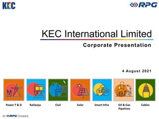 KEC International Limited
Corporate Presentation
4 August 2021
Power T & D Railways Civil Solar Smart Infra Oil & Gas
Pipelines
Cables
 