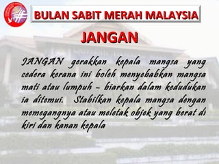 JANGAN JANGAN gerakkan kepala mangsa yang cedera kerana ini boleh menyebabkan mangsa mati atau lumpuh – biarkan dalam kedudukan ia ditemui.  Stabilkan kepala mangsa dengan memegangnya atau meletak objek yang berat di kiri dan kanan kepala 