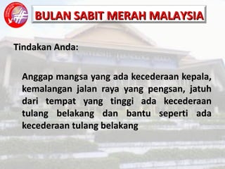 Tindakan Anda: Anggap mangsa yang ada kecederaan kepala, kemalangan jalan raya yang pengsan, jatuh dari tempat yang tinggi ada kecederaan tulang belakang dan bantu seperti ada kecederaan tulang belakang 