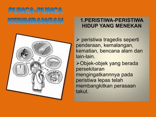 1.PERISTIWA-PERISTIWA
HIDUP YANG MENEKAN
 peristiwa tragedis seperti
penderaan, kemalangan,
kematian, bencana alam dan
lain-lain.
Objek-objek yang berada
persekitaran
mengingatkannnya pada
peristiwa lepas telah
membangkitkan perasaan
takut.
 