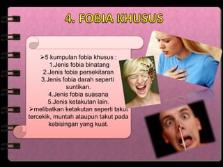 5 kumpulan fobia khusus :
1.Jenis fobia binatang
2.Jenis fobia persekitaran
3.Jenis fobia darah seperti
suntikan.
4.Jenis fobia suasana
5.Jenis ketakutan lain.
melibatkan ketakutan seperti takut
tercekik, muntah ataupun takut pada
kebisingan yang kuat.
 