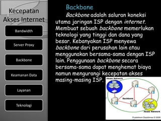 Backbone
 Kecepatan
                     Backbone adalah saluran koneksi
Akses Internet    utama jaringan ISP dengan internet.
    Bandwidth
                  Membuat sebuah backbone memerlukan
                  teknologi yang tinggi dan dana yang
                  besar. Kebanyakan ISP menyewa
   Server Proxy
                  backbone dari perusahan lain atau
                  menggunakan bersama-sama dengan ISP
    Backbone      lain. Penggunaan backbone secara
                  bersama-sama dapat menghemat biaya
  Keamanan Data   namun mengurangi kecepatan akses
                  masing-masing ISP.
     Layanan


    Teknologi
 