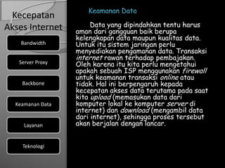 Keamanan Data
 Kecepatan
Akses Internet         Data yang dipindahkan tentu harus
                  aman dari gangguan baik berupa
                  kelengkapan data maupun kualitas data.
    Bandwidth     Untuk itu sistem jaringan perlu
                  menyediakan pengamanan data. Transaksi
                  internet rawan terhadap pembajakan.
   Server Proxy   Oleh karena itu kita perlu mengetahui
                  apakah sebuah ISP menggunakan firewall
                  untuk keamanan transaksi online atau
    Backbone      tidak. Hal ini berpengaruh kepada
                  kecepatan akses data terutama pada saat
                  kita upload (memasukan data dari
  Keamanan Data   komputer lokal ke komputer server di
                  internet) dan download (mengambil data
                  dari internet), sehingga proses tersebut
     Layanan      akan berjalan dengan lancar.


    Teknologi
 