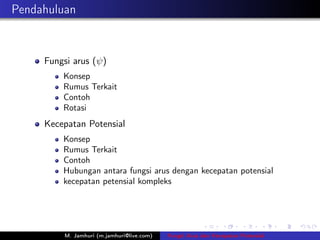 Pendahuluan



     Fungsi arus (ψ)
         Konsep
         Rumus Terkait
         Contoh
         Rotasi
     Kecepatan Potensial
         Konsep
         Rumus Terkait
         Contoh
         Hubungan antara fungsi arus dengan kecepatan potensial
         kecepatan petensial kompleks




         M. Jamhuri (m.jamhuri@live.com)   Fungsi Arus dan Kecepatan Potensial
 