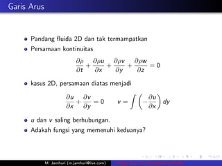 Garis Arus


      Pandang ﬂuida 2D dan tak termampatkan
      Persamaan kontinuitas
                            ∂ρ ∂ρu ∂ρv     ∂ρw
                               +    +    +     =0
                            ∂t   ∂x   ∂y    ∂z

      kasus 2D, persamaan diatas menjadi
                                       ˆ
                  ∂u ∂v                                         ∂u
                     +     =0      v=                       −          dy
                  ∂x   ∂y                                       ∂x

      u dan v saling berhubungan.
      Adakah fungsi yang memenuhi keduanya?



             M. Jamhuri (m.jamhuri@live.com)   Fungsi Arus dan Kecepatan Potensial
 
