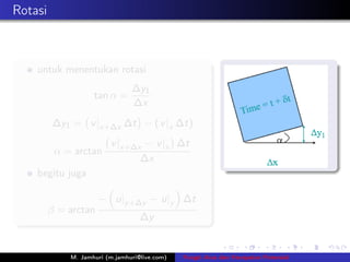Rotasi



    untuk menentukan rotasi
                                ∆y1
                    tan α =
                                ∆x
         ∆y1 = v |x+∆x ∆t − ( v |x ∆t)
                         v |x+∆x − v |x ∆t
          α = arctan
                                ∆x
    begitu juga

                      − u|y +∆y − u|y ∆t
         β = arctan
                                   ∆y


             M. Jamhuri (m.jamhuri@live.com)   Fungsi Arus dan Kecepatan Potensial
 