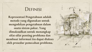 Definisi
Representasi Pengetahuan adalah
metode yang digunakan untuk
mengodekan pengetahuan dalam
suatu sistem pakar. Yang
dimaksudkan untuk menangkap
sifat-sifat penting problema dan
membuat informasi itu dapat diakses
oleh prosedur pemecahan problema.
2
 