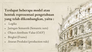 Terdapat beberapa model atau
bentuk representasi pengetahuan
yang telah dikembangkan, yaitu :
⬗ Logika
⬗ Jaringan Semantik (Semantic nets)
⬗ Object-Attribute-Value (OAV)
⬗ Bingkai (Frame)
⬗ Aturan Produksi (production rule)
3
 
