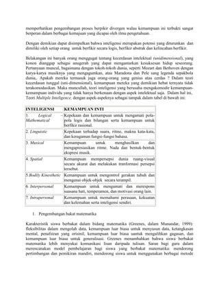 memperhatikan pengembangan proses berpikir divergen walau kemampuan ini terbukti sangat
berperan dalam berbagai kemajuan yang dicapai oleh ilmu pengetahuan.

Dengan demikian dapat disimpulkan bahwa inteligensi merupakan potensi yang diturunkan dan
dimiliki oleh setiap orang untuk berfikir secara logis, berfikir abstrak dan kelincahan berfikir.

Belakangan ini banyak orang menggugat tentang kecerdasan intelektual (unidimensional), yang
konon dianggap sebagai anugerah yang dapat mengantarkan kesuksesan hidup seseorang.
Pertanyaan muncul, bagaimana dengan tokoh-tokoh dunia, seperti Mozart dan Bethoven dengan
karya-karya musiknya yang mengagumkan, atau Maradona dan Pele sang legenda sepakbola
dunia,. Apakah mereka termasuk juga orang-orang yang genius atau cerdas ? Dalam teori
kecerdasan tunggal (uni-dimensional), kemampuan mereka yang demikian hebat ternyata tidak
terakomodasikan. Maka muncullah, teori inteligensi yang berusaha mengakomodir kemampuan-
kemampuan individu yang tidak hanya berkenaan dengan aspek intelektual saja. Dalam hal ini,
Teori Multiple Inteligence, dengan aspek-aspeknya sebagai tampak dalam tabel di bawah ini:

INTELIGENSI           KEMAMPUAN INTI
1.   Logical        – Kepekaan dan kemampuan untuk mengamati pola-
Mathematical          pola logis dan bilangan serta kemampuan untuk
                      berfikir rasional.
2. Linguistic         Kepekaan terhadap suara, ritme, makna kata-kata,
                      dan keragaman fungsi-fungsi bahasa.
3. Musical            Kemampuan          untuk     menghasilkan       dan
                      mengapresiasikan ritme. Nada dan bentuk-bentuk
                      ekspresi musik.
4. Spatial            Kemampuan mempersepsi dunia ruang-visual
                      secara akurat dan melakukan tranformasi persepsi
                      tersebut.
5.Bodily Kinesthetic Kemampuan untuk mengontrol gerakan tubuh dan
                      mengenai objek-objek secara terampil.
6. Interpersonal      Kemampuan untuk mengamati dan merespons
                      suasana hati, temperamen, dan motivasi orang lain.
7. Intrapersonal      Kemampuan untuk memahami perasaan, kekuatan
                      dan kelemahan serta inteligensi sendiri.

   1. Pengembangan bakat matematika

Karakteristik siswa berbakat dalam bidang matematika (Greenes, dalam Munandar, 1999):
fleksibilitas dalam mengolah data, kemampuan luar biasa untuk menyusun data, ketangkasan
mental, penafsiran yang orisinil, kemampuan luar biasa uantuk mengalihkan gagasan, dan
kemampuan luar biasa untuk generalisasi. Greenes menambahkan bahwa siswa berbakat
matematika lebih menyukai komunikasi lisan daripada tulisan. Saran bagi guru dalam
merencanakan model pembelajaran bagi siswa yang berbakat matematika: mendorong
pertimbangan dan pemikiran mandiri, mendorong siswa untuk menggunakan berbagai metode
 