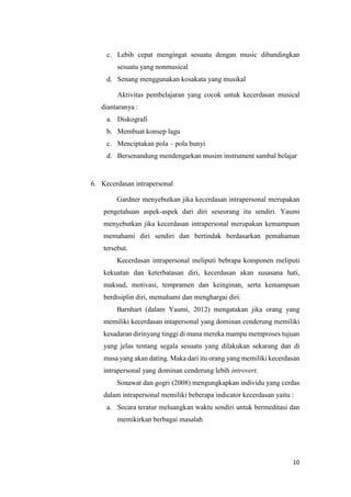 10
c. Lebih cepat mengingat sesuatu dengan music dibandingkan
sesuatu yang nonmusical
d. Senang menggunakan kosakata yang musikal
Aktivitas pembelajaran yang cocok untuk kecerdasan musical
diantaranya :
a. Diskografi
b. Membuat konsep lagu
c. Menciptakan pola – pola bunyi
d. Bersenandung mendengarkan musim instrument sambal belajar
6. Kecerdasan intrapersonal
Gardner menyebutkan jika kecerdasan intrapersonal merupakan
pengetahuan aspek-aspek dari diri seseorang itu sendiri. Yaumi
menyebutkan jika kecerdasan intrapersonal merupakan kemampuan
memahami diri sendiri dan bertindak berdasarkan pemahaman
tersebut.
Kecerdasan intrapersonal meliputi bebrapa komponen meliputi
kekuatan dan keterbatasan diri, kecerdasan akan susasana hati,
maksud, motivasi, tempramen dan keinginan, serta kemampuan
berdisiplin diri, memahami dan menghargai diri.
Barnhart (dalam Yaumi, 2012) mengatakan jika orang yang
memiliki kecerdasan intapersonal yang dominan cenderung memiliki
kesadaran dirinyang tinggi di mana mereka mampu memproses tujuan
yang jelas tentang segala sesuatu yang dilakukan sekarang dan di
masa yang akan dating. Maka dari itu orang yang memiliki kecerdasan
intrapersonal yang dominan cenderung lebih introvert.
Sonawat dan gogri (2008) mengungkapkan individu yang cerdas
dalam intrapersonal memiliki beberapa indicator kecerdasan yaitu :
a. Secara teratur meluangkan waktu sendiri untuk bermeditasi dan
memikirkan berbagai masalah
 