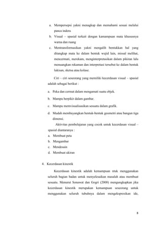8
a. Mempersepsi yakni menagkap dan memahami sesuai melalui
panca indera
b. Visual – spasial terkait dengan kamampuan mata khususnya
warna dan ruang
c. Mentransformasikan yakni mengalih bentukkan hal yang
ditangkap mata ke dalam bentuk wujid lain, missal melihat,
mencermati, merekam, menginterpretasikan dalam pikiran lalu
menuangkan rekaman dan interpretasi tersebut ke dalam bentuk
lukisan, sketsa atau kolase.
Ciri – ciri seseorang yang memiliki kecerdasan visual – spasial
adalah sebagai berikut :
a. Peka dan cermat dalam mengamati suatu objek.
b. Mampu berpikir dalam gambar.
c. Mampu memvisualisasikan sesuatu dalam grafik.
d. Mudah membayangkan bentuk-bentuk geometri atau bangun tiga
dimensi.
Aktivitas pembelajaran yang cocok untuk kecerdasan visual –
spasial diantaranya :
a. Membuat peta
b. Mengambar
c. Mendesain
d. Membuat ukiran
4. Kecerdasan kinestik
Kecerdasan kinestik adalah kemampuan ntuk menggunakan
seluruh bagian badan untuk menyelesaikan masalah atau membuat
sesuatu. Menurut Sonawat dan Gogri (2008) mengungkapkan jika
kecerdasan kinestik merupakan kemampuan seseorang untuk
menggunakan seluruh tubuhnya dalam mengekspresikan ide,
 