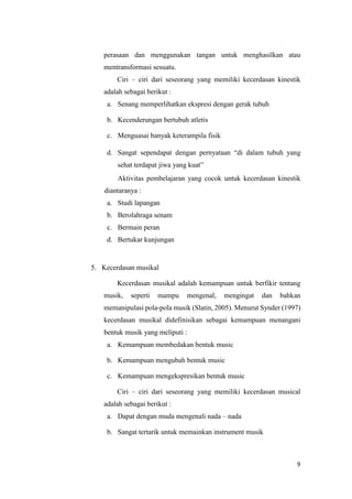 9
perasaan dan menggunakan tangan untuk menghasilkan atau
mentransformasi sesuatu.
Ciri – ciri dari seseorang yang memiliki kecerdasan kinestik
adalah sebagai berikut :
a. Senang memperlihatkan ekspresi dengan gerak tubuh
b. Kecenderungan bertubuh atletis
c. Menguasai banyak keterampila fisik
d. Sangat sependapat dengan pernyataan “di dalam tubuh yang
sehat terdapat jiwa yang kuat”
Aktivitas pembelajaran yang cocok untuk kecerdasan kinestik
diantaranya :
a. Studi lapangan
b. Berolahraga senam
c. Bermain peran
d. Bertukar kunjungan
5. Kecerdasan musikal
Kecerdasan musikal adalah kemampuan untuk berfikir tentang
musik, seperti mampu mengenal, mengingat dan bahkan
memanipulasi pola-pola musik (Slatin, 2005). Menurut Synder (1997)
kecerdasan musikal didefinisikan sebagai kemampuan menangani
bentuk musik yang meliputi :
a. Kemampuan membedakan bentuk music
b. Kemampuan mengubah bentuk music
c. Kemampuan mengekspresikan bentuk music
Ciri – ciri dari seseorang yang memiliki kecerdasan musical
adalah sebagai berikut :
a. Dapat dengan muda mengenali nada – nada
b. Sangat tertarik untuk memainkan instrument musik
 