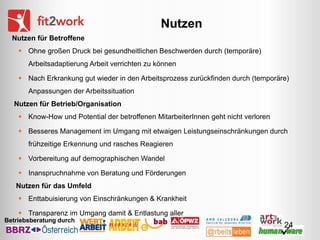 Nutzen
Nutzen für Betroffene
 Ohne großen Druck bei gesundheitlichen Beschwerden durch (temporäre)

Arbeitsadaptierung Arbeit verrichten zu können
 Nach Erkrankung gut wieder in den Arbeitsprozess zurückfinden durch (temporäre)
Anpassungen der Arbeitssituation
Nutzen für Betrieb/Organisation
 Know-How und Potential der betroffenen MitarbeiterInnen geht nicht verloren
 Besseres Management im Umgang mit etwaigen Leistungseinschränkungen durch
frühzeitige Erkennung und rasches Reagieren
 Vorbereitung auf demographischen Wandel
 Inanspruchnahme von Beratung und Förderungen
Nutzen für das Umfeld
 Enttabuisierung von Einschränkungen & Krankheit
 Transparenz im Umgang damit & Entlastung aller
Betriebsberatung durch

24

 