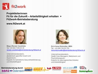 Projektleiterinnen
Fit für die Zukunft – Arbeitsfähigkeit erhalten +
Fit2work-Betriebsberatung
www.fit2work.at

Mag.a Renate Czeskleba
Tel: +43 664 7356 65 46
renate.czeskleba@betriebsberatung-fit2work.at

Dr.in Irene Kloimüller, MBA
Tel.: +43 699 104 00 755
irene.kloimueller@betriebsberatung-fit2work.at

Unternehmensberaterin,
akademisch geprüfter Coach und
Supervisorin,
Expertin für betriebliche Gesundheitsförderung
und Arbeitsfähigkeit

Unternehmensberaterin,
Health Care Managerin, Medizinerin und
Psychotherapeutin,
Expertin für alternsgerechtes Arbeiten
und Arbeitsfähigkeit

Betriebsberatung durch

 