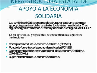 INFRAESTRUCTURA ESTATAL DE APOYO A LA ECONOMIA SOLIDARIA La ley 454 de 1998 se encargo de estructurar todo un sistema de apoyo, de garantía y de fortalecimiento del sistema solidario. Creó algunos organismos especializados y reformo el antiguo DANCOOP En su artículo 20 y siguientes, se encuentran las siguientes instituciones: Consejo nacional de la economía solidaria (CONES) Fondo de fomento de la economía solidaria (FONES) Departamento administrativo nacional de la economía solidaria (DANSOCIAL) Superintendencia de la economía solidaria. 