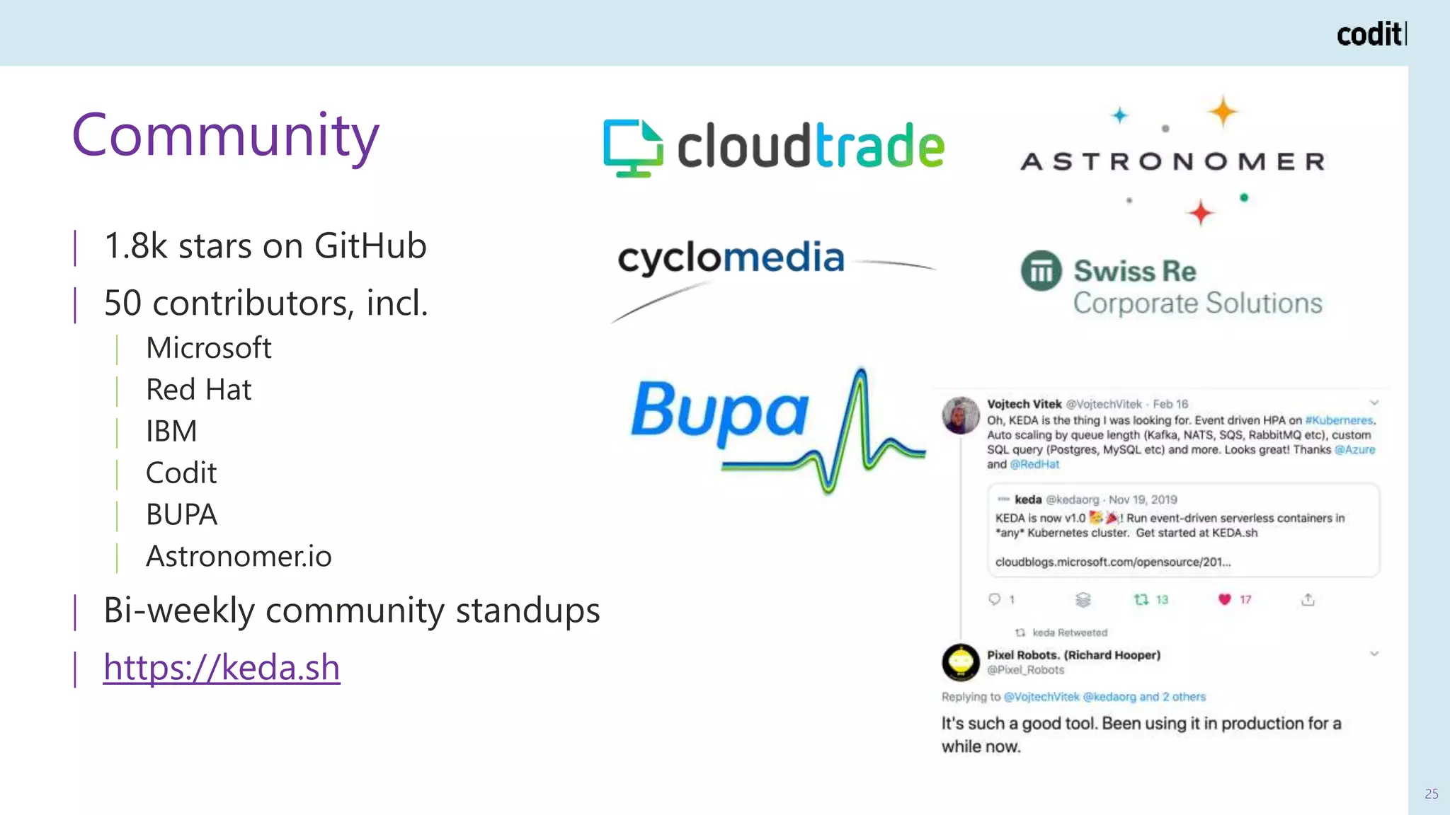 Community
25
| 1.8k stars on GitHub
| 50 contributors, incl.
| Microsoft
| Red Hat
| IBM
| Codit
| BUPA
| Astronomer.io
| Bi-weekly community standups
| https://keda.sh
 