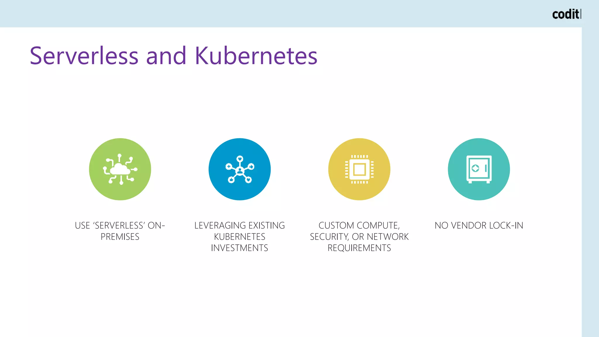 Serverless and Kubernetes
USE ‘SERVERLESS’ ON-
PREMISES
LEVERAGING EXISTING
KUBERNETES
INVESTMENTS
CUSTOM COMPUTE,
SECURITY, OR NETWORK
REQUIREMENTS
NO VENDOR LOCK-IN
 