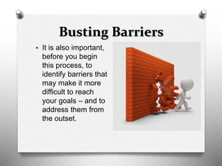 Busting Barriers
 It is also important,
before you begin
this process, to
identify barriers that
may make it more
difficult to reach
your goals – and to
address them from
the outset.
 