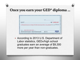 Once you earn your GED® diploma …
 According to 2013 U.S. Department of
Labor statistics, GED®/high school
graduates earn an average of $9,300
more per year than non-graduates.
 