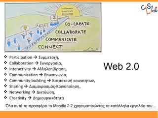    Participation  Συμμετοχή,
   Collaboration  Συνεργασία,
   Interactivity  Αλληλεπίδραση,                Web 2.0
   Communication  Επικοινωνία,
   Community-building  Κατασκευή κοινοτήτων,
   Sharing  Διαμοιρασμός-Κοινοποίηση,
   Networking  Δικτύωση,
   Creativity  Δημιουργικότητα
Όλα αυτά τα προσφέρει το Moodle 2.2 χρησιμοποιώντας τα κατάλληλα εργαλεία του…
 