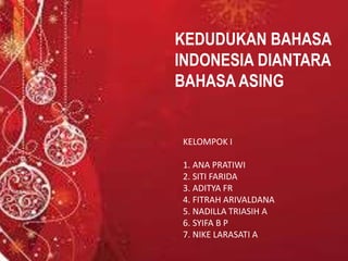 KEDUDUKAN BAHASA 
INDONESIA DIANTARA 
BAHASA ASING 
KELOMPOK I 
1. ANA PRATIWI 
2. SITI FARIDA 
3. ADITYA FR 
4. FITRAH ARIVALDANA 
5. NADILLA TRIASIH A 
6. SYIFA B P 
7. NIKE LARASATI A 
 