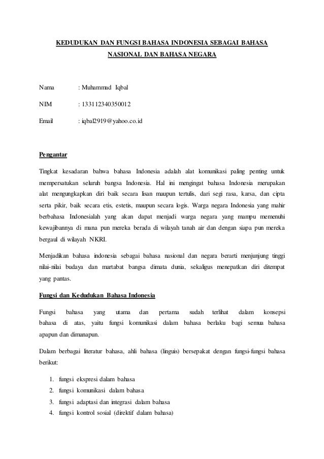 Kedudukan Dan Fungsi Bahasa Indonesia Sebagai Bahasa Nasional Dan Bah