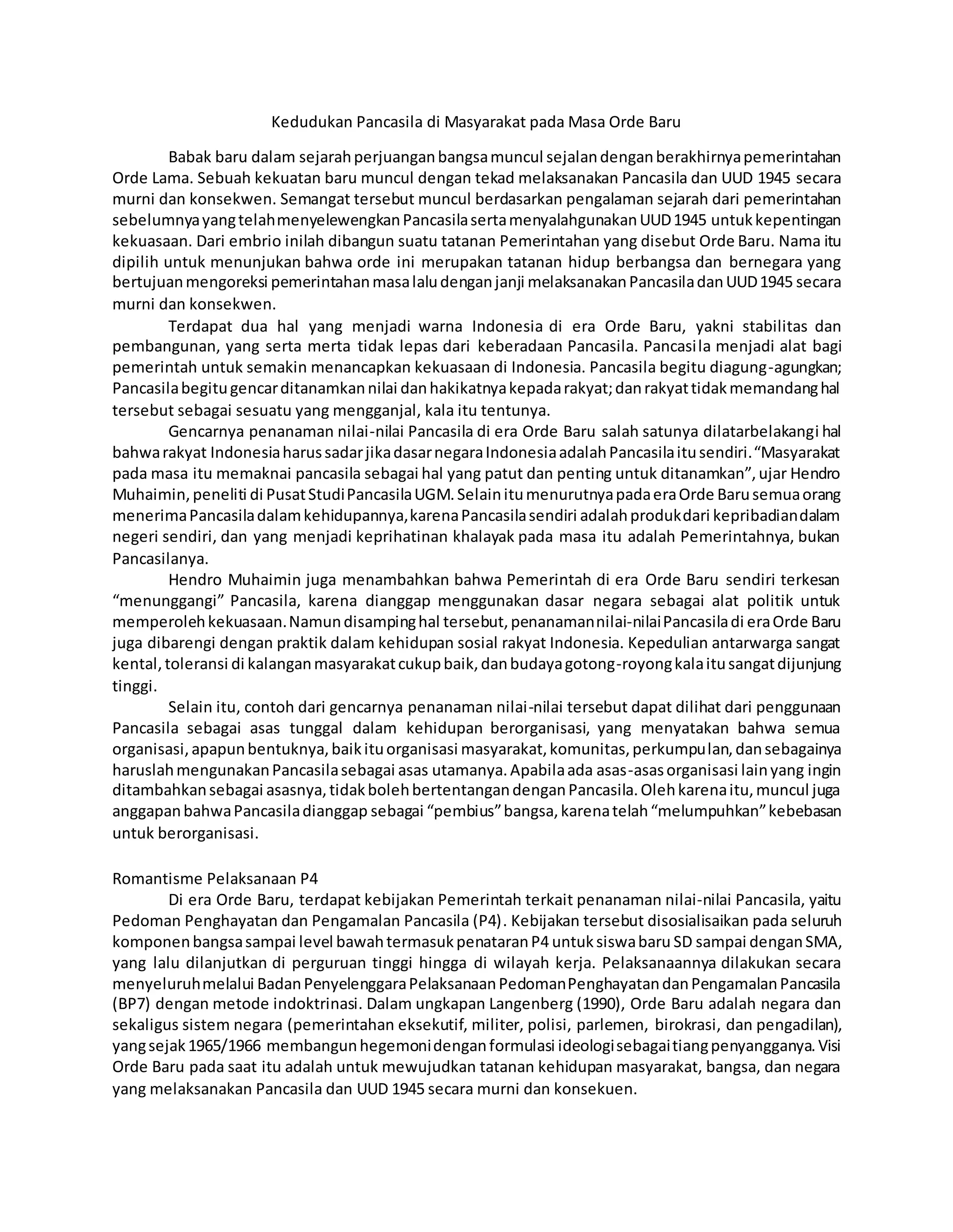 Kedudukan pancasila di masyarakat pada masa orde baru | PDF