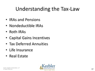 Understanding the Tax-Law
    •      IRAs and Pensions
    •      Nondeductible IRAs
    •      Roth IRAs
    •      Capital Gains Incentives
    •      Tax Deferred Annuities
    •      Life Insurance
    •      Real Estate

© 2011 Keebler & Associates, LLP
Al Rights Reserved.                                17
 