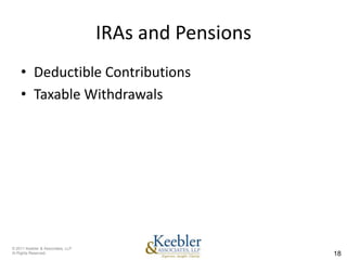 IRAs and Pensions
    • Deductible Contributions
    • Taxable Withdrawals




© 2011 Keebler & Associates, LLP
Al Rights Reserved.                                    18
 
