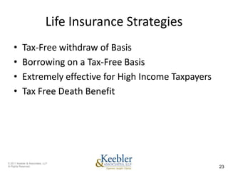 Life Insurance Strategies
    •      Tax-Free withdraw of Basis
    •      Borrowing on a Tax-Free Basis
    •      Extremely effective for High Income Taxpayers
    •      Tax Free Death Benefit




© 2011 Keebler & Associates, LLP
Al Rights Reserved.                                        23
 