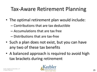 Tax-Aware Retirement Planning
    • The optimal retirement plan would include:
              – Contributions that are tax deductible
              – Accumulations that are tax free
              – Distributions that are tax-free
    • Such a plan does not exist, but you can have
      any two of these tax benefits
    • A balanced approach is required to avoid high
      tax brackets during retirement

© 2011 Keebler & Associates, LLP
Al Rights Reserved.                                     25
 