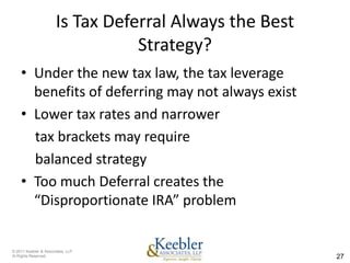 Is Tax Deferral Always the Best
                                  Strategy?
    • Under the new tax law, the tax leverage
      benefits of deferring may not always exist
    • Lower tax rates and narrower
      tax brackets may require
      balanced strategy
    • Too much Deferral creates the
      “Disproportionate IRA” problem


© 2011 Keebler & Associates, LLP
Al Rights Reserved.                                      27
 