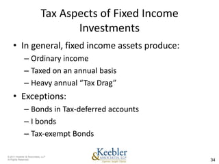 Tax Aspects of Fixed Income
                                   Investments
    • In general, fixed income assets produce:
              – Ordinary income
              – Taxed on an annual basis
              – Heavy annual “Tax Drag”
    • Exceptions:
              – Bonds in Tax-deferred accounts
              – I bonds
              – Tax-exempt Bonds

© 2011 Keebler & Associates, LLP
Al Rights Reserved.                                       34
 