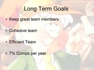 Long Term Goals  Keep great team members Cohesive team Efficient Team 7% Comps per year 