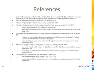 References
archive reference documentts possibly available at http://www.wuala.com/lo-1/public/KeeeX/, or maybe
searched from their key on the web (after indexing has taken place), or ﬁnally asked to the author.

‣ http://en.wikipedia.org/wiki/Data_governance as of 28 July 2014

‣ http://en.wikipedia.org/wiki/Information_security as of 29 July 2014

‣ http://searchdatamanagement.techtarget.com/deﬁnition/data-governance as of 29 July 2014

• What is data governance (DG)_xedap-dogof-cubuf.pdf

• redap-dogof-cubuf-soheh-zecak-moroz-polik-vuris-misav-surev-seciz-ravet-vulih-facek-ropuc-
depyv-nuxyr

‣ http://www.architectureandgovernance.com/content/7-stages-eﬀective-data-governance as of 29 July
2014

• 7 Stages for Eﬀective Data Governance Architecture and Governance – Strategic IT Planning and
Enterprise Architecture_xudib-gihab-kylam.pdf

• rudib-gihab-kylam-fynuz-zebop-rotys-divev-fucug-vilem-cacud-kusem-sicur-lugom-makid-zanyr-
rygud-luxyr

‣ http://www.datagovernance.com/adg_data_governance_goals/as of 29 July 2014

• Aperçu de « Goals and Principles for Data Governance The Data Governance Institute »_xupem-
boged-fytoh.pdf

• rupem-boged-fytoh-baﬁb-tamur-vetem-muvab-lanan-kisum-dyrup-gevyz-zihat-falaz-timyk-gyrer-
gofaf-ﬁxyr

‣ Gouvernance de l'Information et Big Data - Fedisa - March 2014

• WP-GOUVERNANCE-BIG-DATA-FR_xelop-pozal-nebaf

• relop-pozal-nebaf-luruk-fobod-pylal-cupyk-mocyc-zadup-sihik-vagig-nunek-sizuh-ﬁheh-dutur-
holut-koxur
21
 