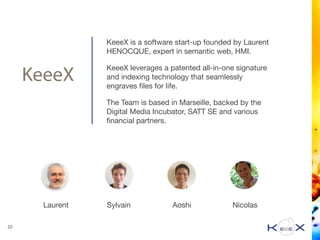 KeeeX
22
KeeeX is a software start-up founded by Laurent
HENOCQUE, expert in semantic web, HMI.

KeeeX leverages a patented all-in-one signature
and indexing technology that seamlessly
engraves ﬁles for life.

The Team is based in Marseille, backed by the
Digital Media Incubator, SATT SE and various
ﬁnancial partners.
 