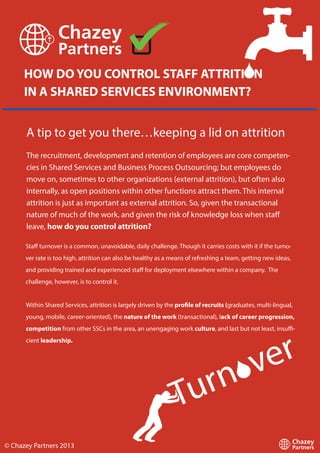 HOW DO YOU CONTROL STAFF ATTRITION
IN A SHARED SERVICES ENVIRONMENT?
A tip to get you there…keeping a lid on attrition
The recruitment, development and retention of employees are core competencies in Shared Services and Business Process Outsourcing; but employees do
move on, sometimes to other organizations (external attrition), but often also
internally, as open positions within other functions attract them. This internal
attrition is just as important as external attrition. So, given the transactional
nature of much of the work, and given the risk of knowledge loss when staff
leave, how do you control attrition?
Staff turnover is a common, unavoidable, daily challenge. Though it carries costs with it if the turnover rate is too high, attrition can also be healthy as a means of refreshing a team, getting new ideas,
and providing trained and experienced staff for deployment elsewhere within a company. The
challenge, however, is to control it.
Within Shared Services, attrition is largely driven by the profile of recruits (graduates, multi-lingual,
young, mobile, career-oriented), the nature of the work (transactional), lack of career progression,
competition from other SSCs in the area, an unengaging work culture, and last but not least, insufficient leadership.

© Chazey Partners 2013

er
v
rn
Tu

 