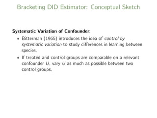 Bracketing DID Estimator: Conceptual Sketch
Systematic Variation of Confounder:
• Bitterman (1965) introduces the idea of control by
systematic variation to study diﬀerences in learning between
species.
• If treated and control groups are comparable on a relevant
confounder U, vary U as much as possible between two
control groups.
 