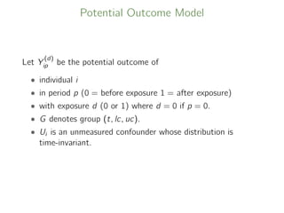 Potential Outcome Model
Let Y
(d)
ip be the potential outcome of
• individual i
• in period p (0 = before exposure 1 = after exposure)
• with exposure d (0 or 1) where d = 0 if p = 0.
• G denotes group (t, lc, uc).
• Ui is an unmeasured confounder whose distribution is
time-invariant.
 