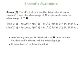 Bracketing Assumptions
Assmp (3) The eﬀect of time is either (i) greater at higher
values of U over the whole range of U or (ii) smaller over the
whole range of U, U:
(i) h(U, 1) − h(U, 0) ≥ h(U , 1) − h(U , 0) for all U ≥ U , U, U ∈ U .
(ii) h(U, 1) − h(U, 0) ≤ h(U , 1) − h(U , 0) for all U ≥ U , U, U ∈ U .
• Another way to say (3): distribution of U must be time
invariant within the treated and control groups.
• U is unobserved mobilization eﬀort.
 