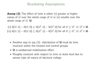 Bracketing Assumptions
Assmp (3) The eﬀect of time is either (i) greater at higher
values of U over the whole range of U or (ii) smaller over the
whole range of U, U:
(i) h(U, 1) − h(U, 0) ≥ h(U , 1) − h(U , 0) for all U ≥ U , U, U ∈ U .
(ii) h(U, 1) − h(U, 0) ≤ h(U , 1) − h(U , 0) for all U ≥ U , U, U ∈ U .
• Another way to say (3): distribution of U must be time
invariant within the treated and control groups.
• U is unobserved mobilization eﬀort.
• Roughly constant with respect to time at state level due to
winner take all nature of electoral college.
 