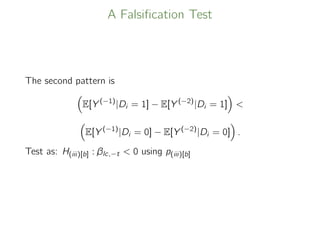A Falsiﬁcation Test
The second pattern is
E[Y (−1)
|Di = 1] − E[Y (−2)
|Di = 1] 
E[Y (−1)
|Di = 0] − E[Y (−2)
|Di = 0] .
Test as: H(iii)[b] : βlc,−t  0 using p(iii)[b]
 