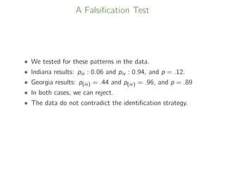 A Falsiﬁcation Test
• We tested for these patterns in the data.
• Indiana results: piii : 0.06 and piv : 0.94, and p = .12.
• Georgia results: p(iii) = .44 and p(iv) = .96, and p = .89
• In both cases, we can reject.
• The data do not contradict the identiﬁcation strategy.
 