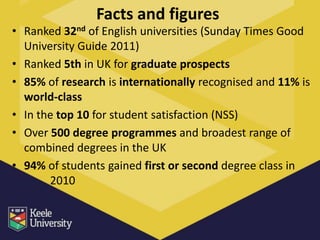 Facts and figures
• Ranked 32nd of English universities (Sunday Times Good
  University Guide 2011)
• Ranked 5th in UK for graduate prospects
• 85% of research is internationally recognised and 11% is
  world-class
• In the top 10 for student satisfaction (NSS)
• Over 500 degree programmes and broadest range of
  combined degrees in the UK
• 94% of students gained first or second degree class in
  ……. 2010
 