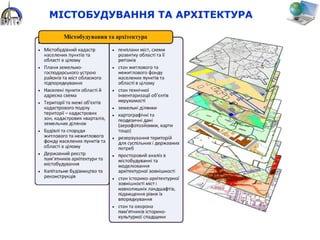 МІСТОБУДУВАННЯ ТА АРХІТЕКТУРА
 