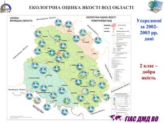 ЕКОЛОГІЧНА ОЦІНКА ЯКОСТІ ВОД ОБЛАСТІ
Усереднені
за 2002-
2003 рр.
дані
2 клас –
добра
якість
 ГІАС ДМД ВО
 