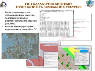 - Проектування структури
геоінформаційних кадастрів;
- Картографічні обмінні
формати земельного кадастру
(In4, xml);
- Розробка геоінформаційних
кадастрових систем на базі ГІС
ГІС І КАДАСТРОВІ СИСТЕМИГІС І КАДАСТРОВІ СИСТЕМИ
ПРИРОДНИХ ТА ЗЕМЕЛЬНИХ РЕСУРСІВПРИРОДНИХ ТА ЗЕМЕЛЬНИХ РЕСУРСІВ
 