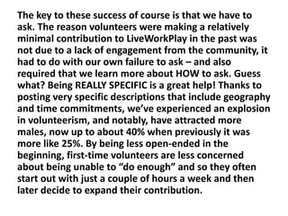 The key to these success of course is that we have to
ask. The reason volunteers were making a relatively
minimal contribution to LiveWorkPlay in the past was
not due to a lack of engagement from the community, it
had to do with our own failure to ask – and also
required that we learn more about HOW to ask. Guess
what? Being REALLY SPECIFIC is a great help! Thanks to
posting very specific descriptions that include geography
and time commitments, we’ve experienced an explosion
in volunteerism, and notably, have attracted more
males, now up to about 40% when previously it was
more like 25%. By being less open-ended in the
beginning, first-time volunteers are less concerned
about being unable to “do enough” and so they often
start out with just a couple of hours a week and then
later decide to expand their contribution.

 