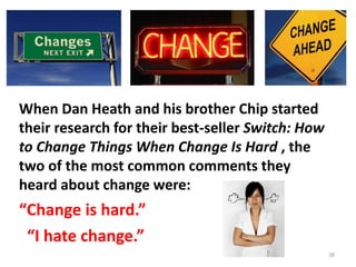 When Dan Heath and his brother Chip started
their research for their best-seller Switch: How
to Change Things When Change Is Hard , the
two of the most common comments they
heard about change were:

“Change is hard.”
“I hate change.”
38

 